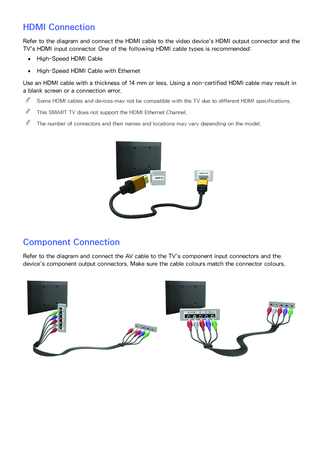 Samsung UA46F5500ARXSK, UA40F6800ARXZN, UA40F6800ARXSK, UA40F5500ARXSK, UA50F5500ARXSK Hdmi Connection, Component Connection 