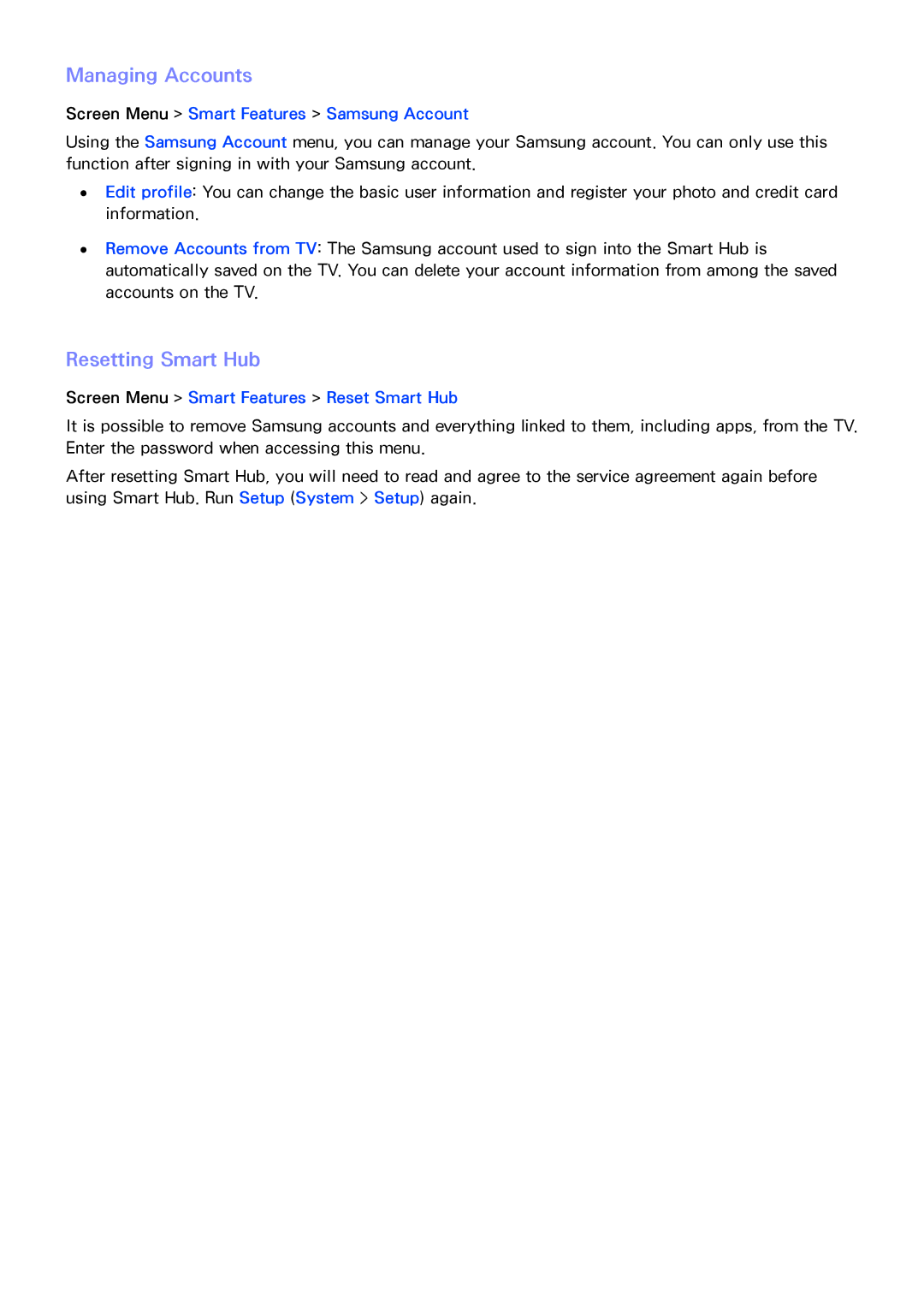 Samsung UA32F4500ARXUM, UA40F6800ARXZN Managing Accounts, Resetting Smart Hub, Screen Menu Smart Features Reset Smart Hub 