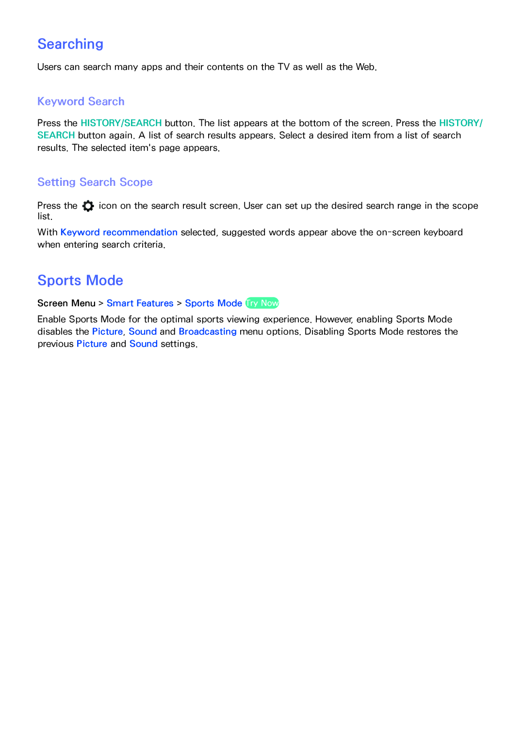 Samsung UA60F6300ARXXV manual Keyword Search, Setting Search Scope, Screen Menu Smart Features Sports Mode Try Now 