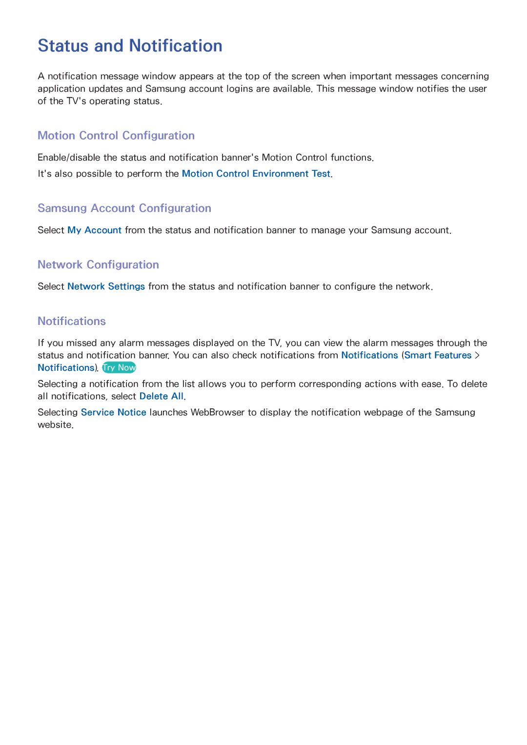 Samsung UA32F5501ARXXV Status and Notification, Motion Control Configuration, Samsung Account Configuration, Notifications 