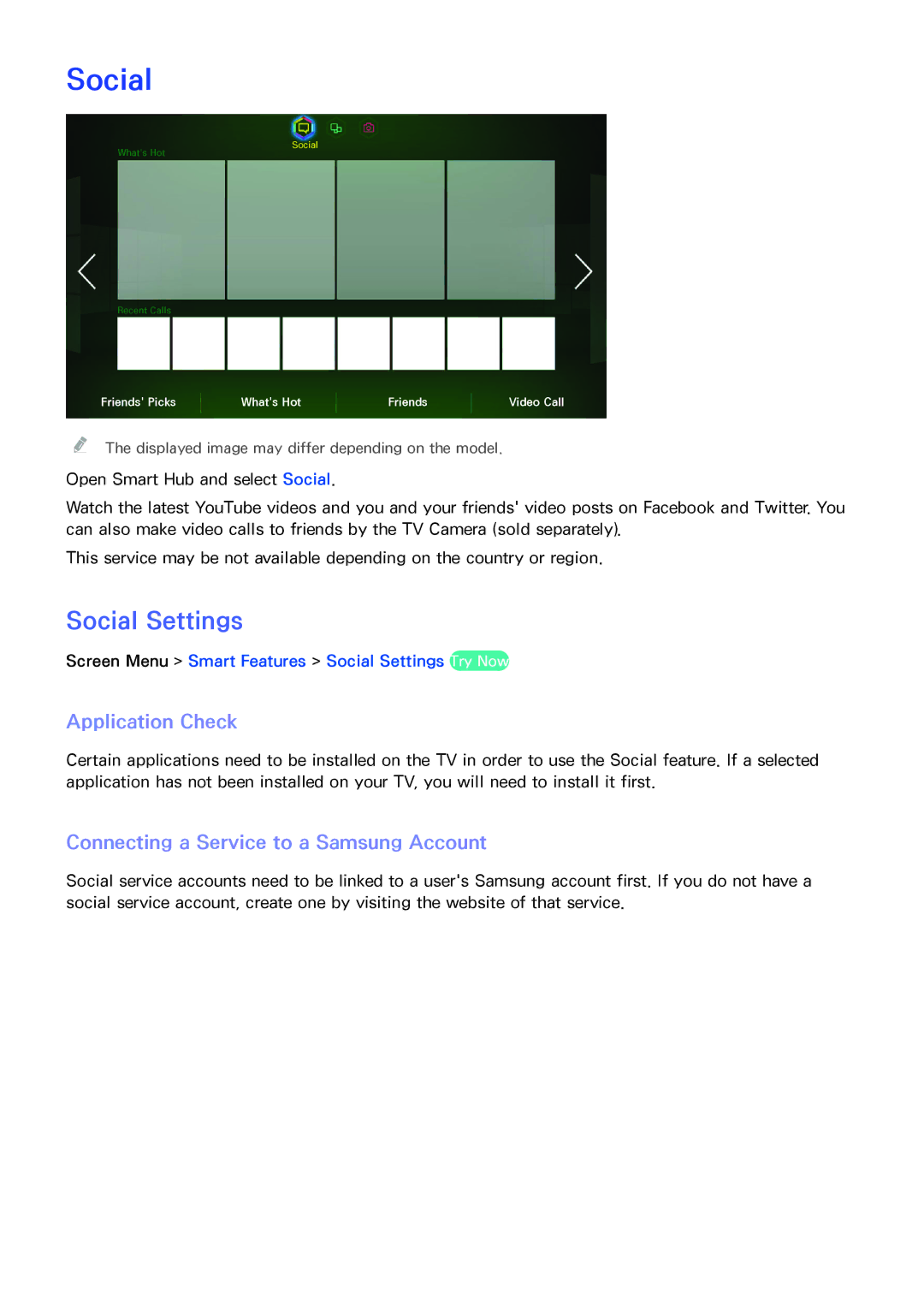 Samsung UA40F6400ARXXV, UA40F6800ARXZN Social Settings, Application Check, Connecting a Service to a Samsung Account 