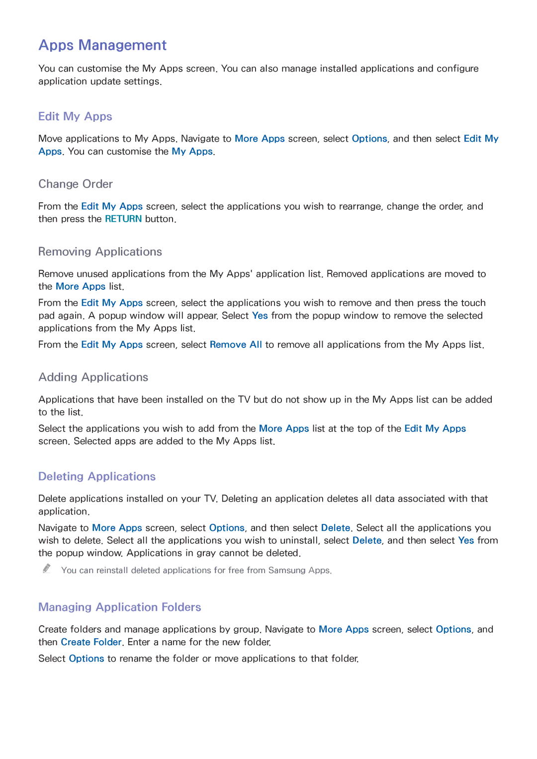 Samsung UA50F6400ARXXV, UA40F6800ARXZN Apps Management, Edit My Apps, Deleting Applications, Managing Application Folders 