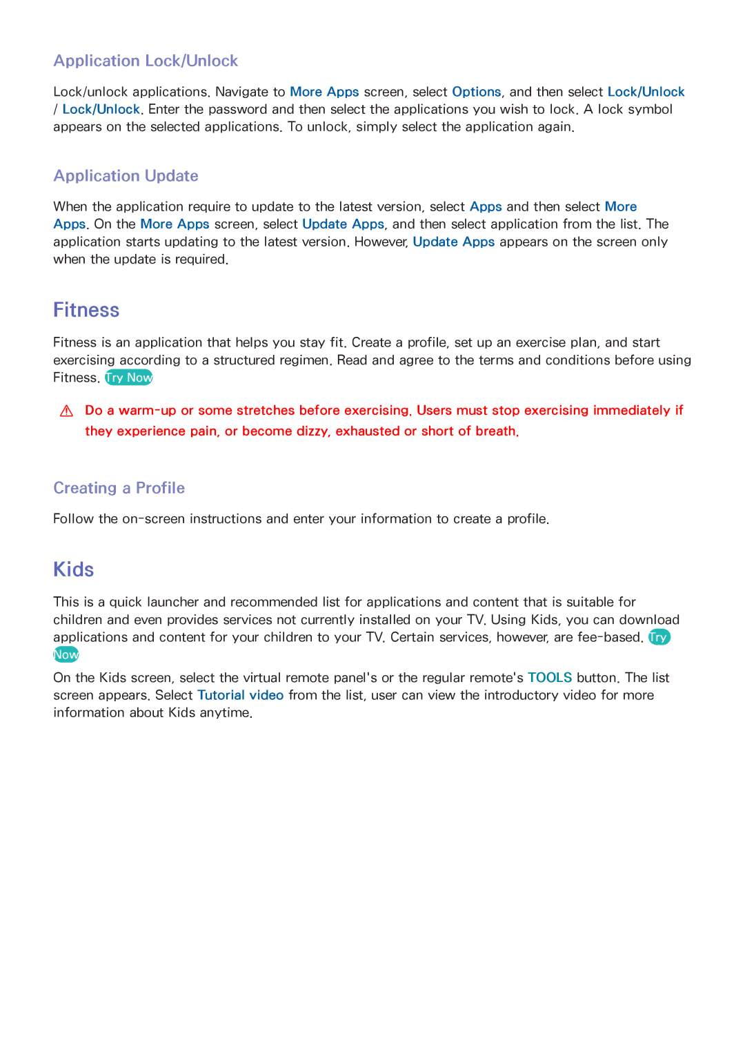 Samsung UA60F6400ARXXV, UA40F6800ARXZN manual Fitness, Kids, Application Lock/Unlock, Application Update, Creating a Profile 