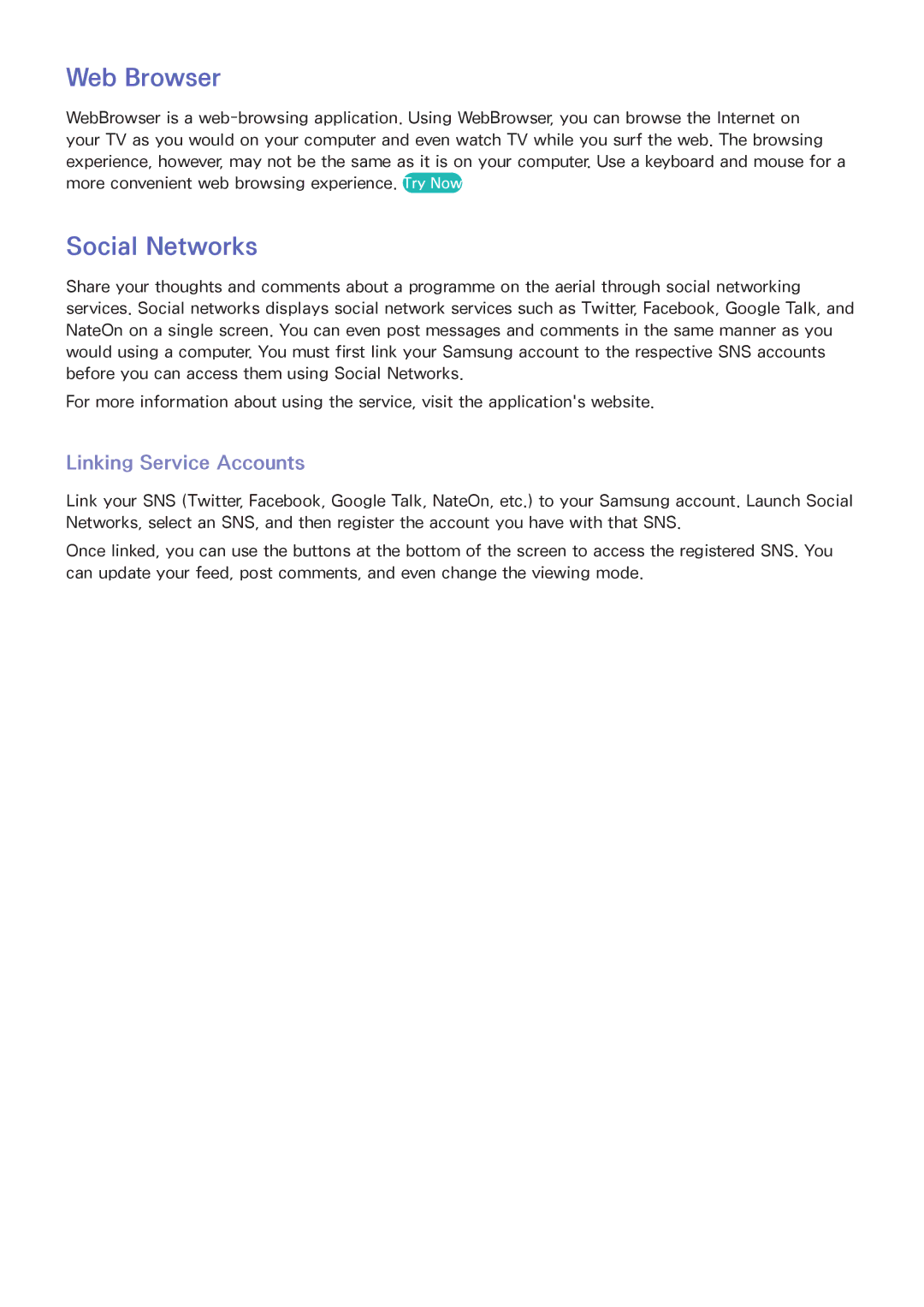 Samsung UA32F5500ARXXV, UA40F6800ARXZN, UA40F6800ARXSK manual Web Browser, Social Networks, Linking Service Accounts 