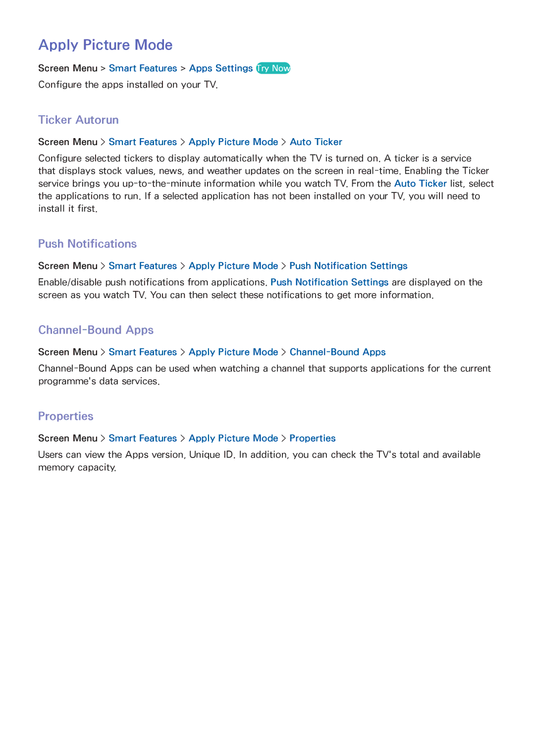 Samsung UA40F5501ARXXV manual Apply Picture Mode, Ticker Autorun, Push Notifications, Channel-Bound Apps, Properties 