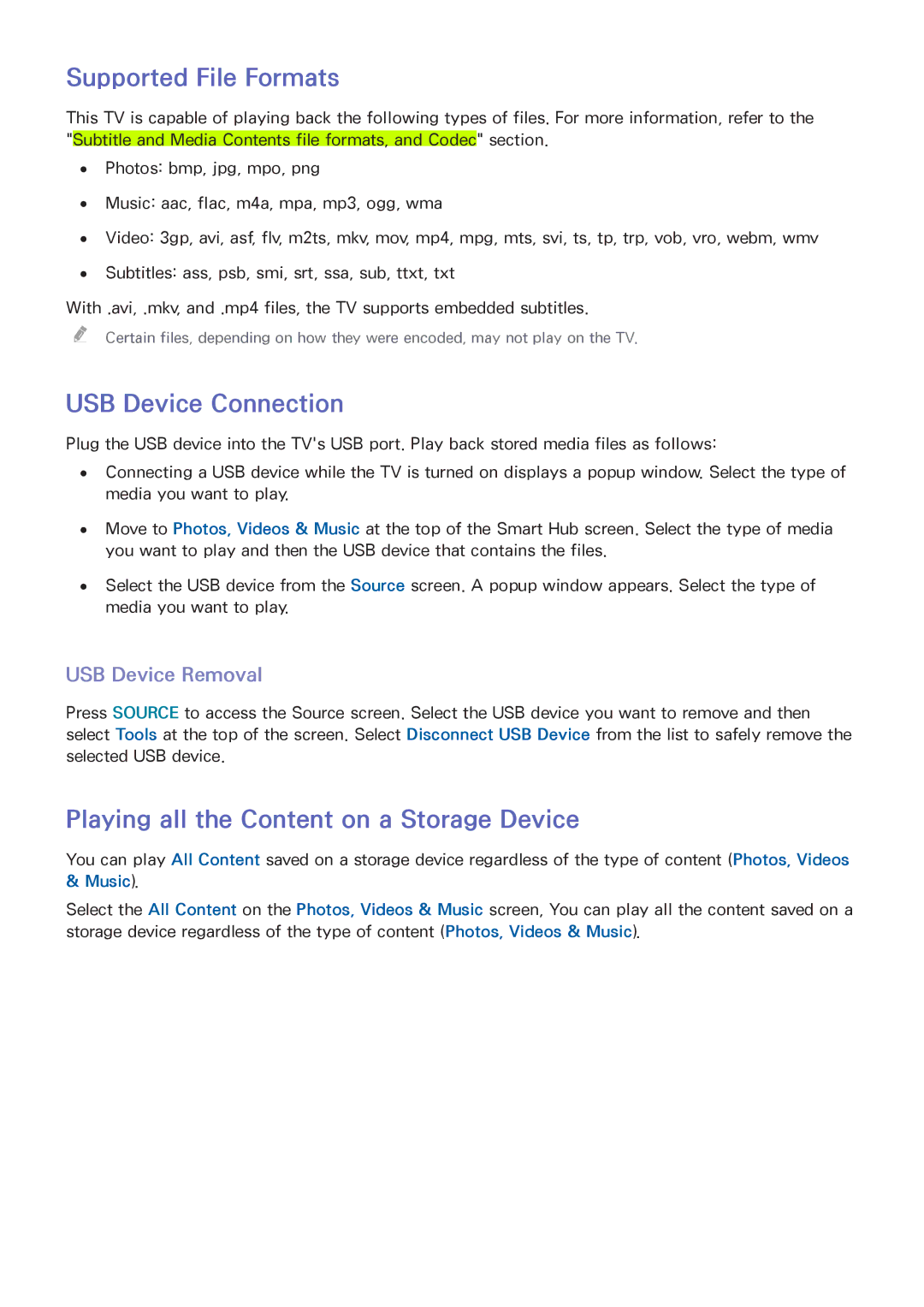 Samsung UA50F5500ARXXV manual Supported File Formats, USB Device Connection, Playing all the Content on a Storage Device 