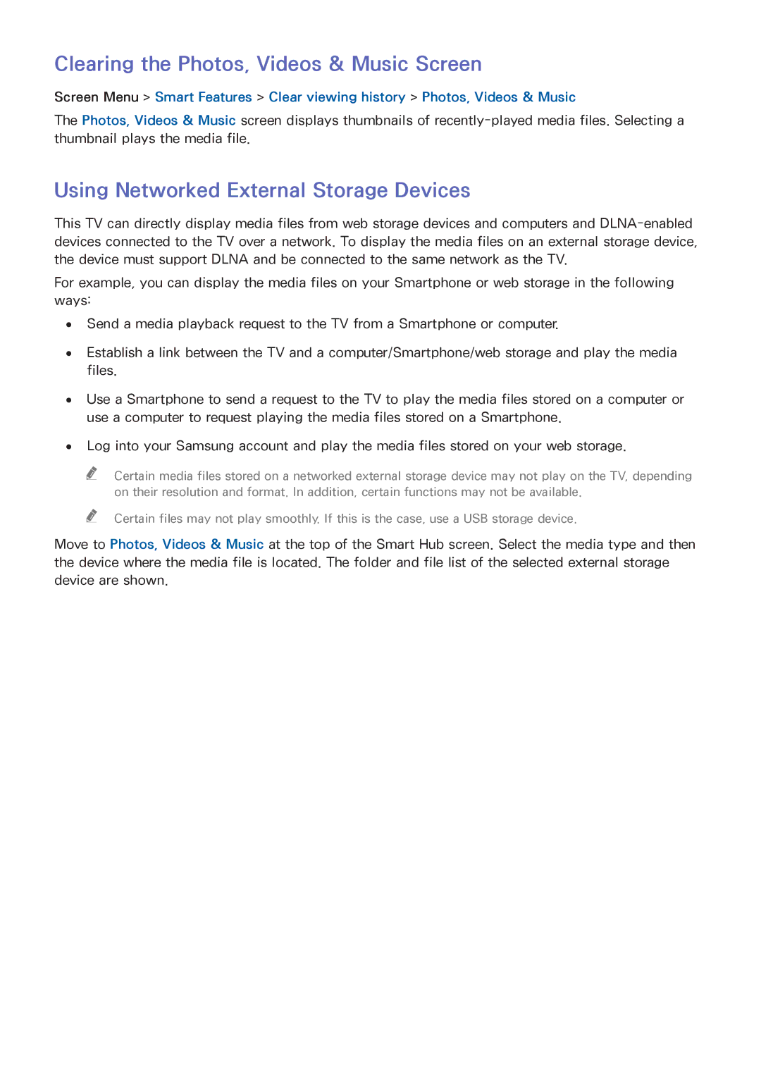 Samsung UA32F4500ARXXV manual Clearing the Photos, Videos & Music Screen, Using Networked External Storage Devices 