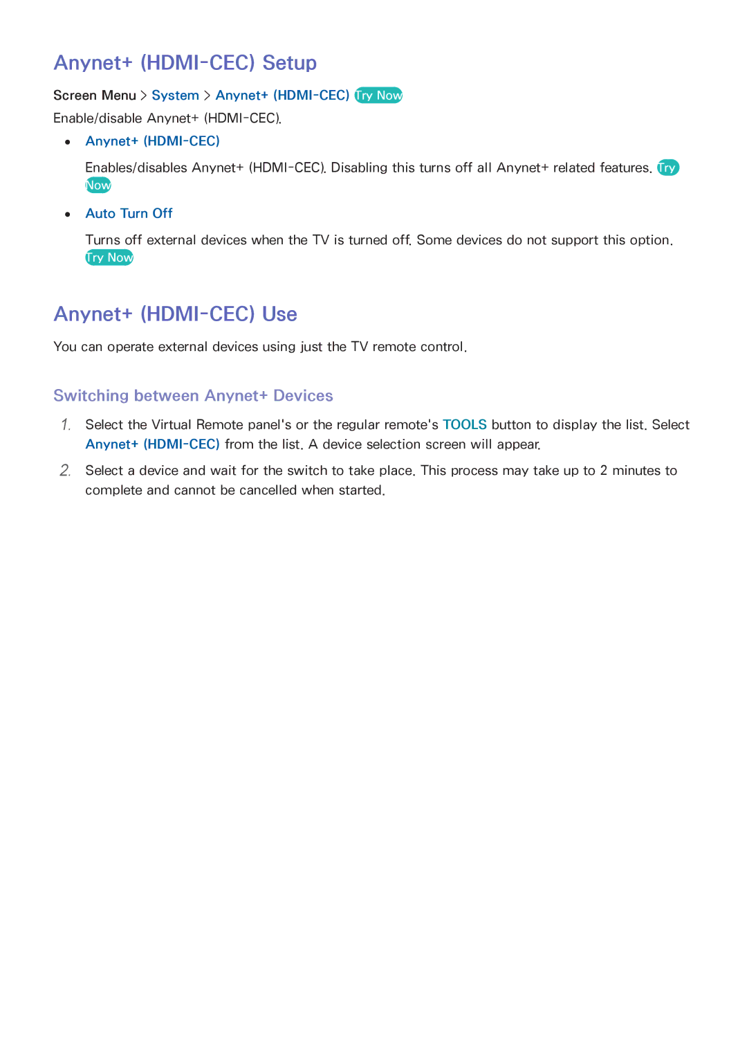 Samsung UA55F6800ARXSJ, UA40F6800ARXZN Anynet+ HDMI-CEC Setup, Anynet+ HDMI-CEC Use, Switching between Anynet+ Devices 