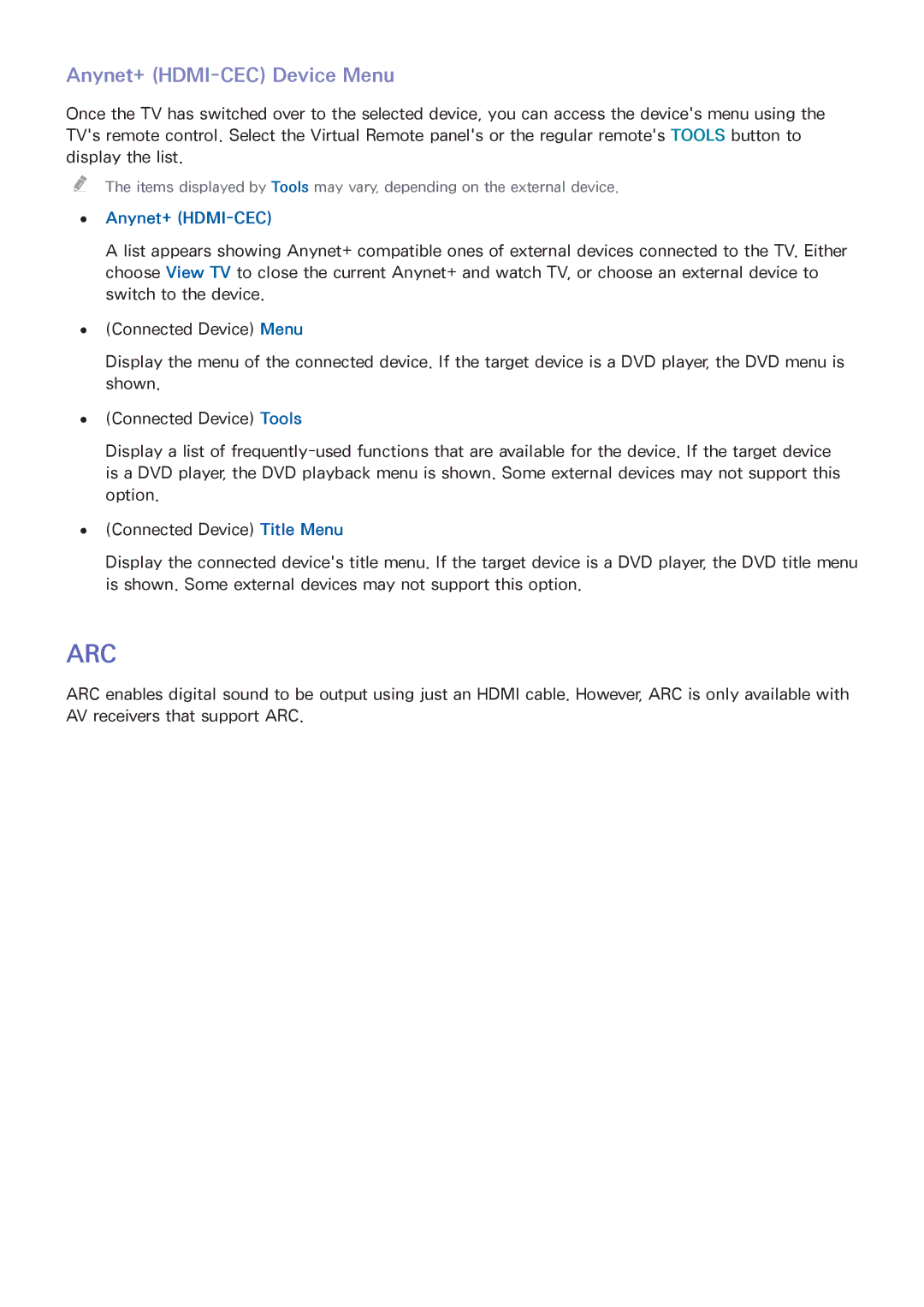 Samsung UA40F6800ARXZN, UA40F6800ARXSK, UA40F5500ARXSK, UA50F5500ARXSK, UA32F4500ARXSK manual Arc, Anynet+ HDMI-CEC Device Menu 