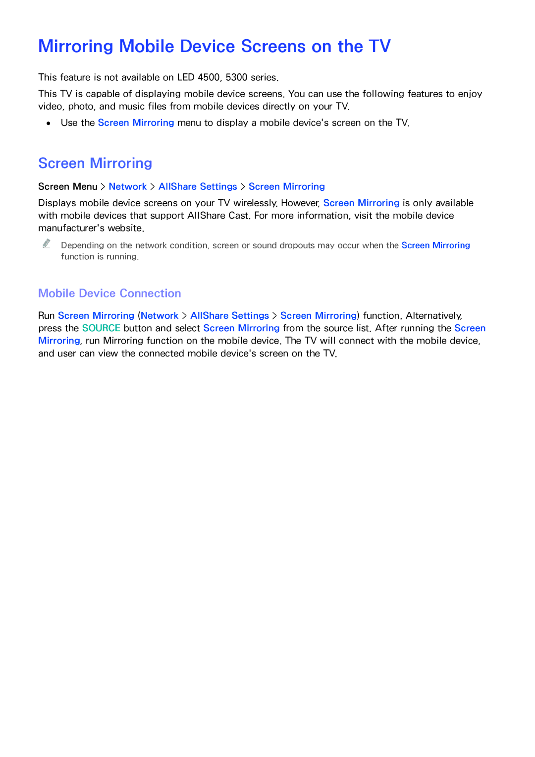 Samsung UA40F6800ARXSK manual Mirroring Mobile Device Screens on the TV, Screen Mirroring, Mobile Device Connection 