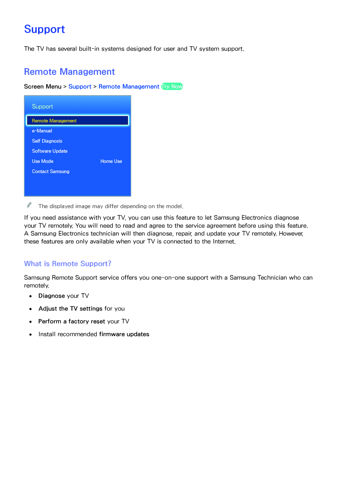 Samsung UA40F5500ARXSK, UA40F6800ARXZN manual What is Remote Support?, Screen Menu Support Remote Management Try Now 