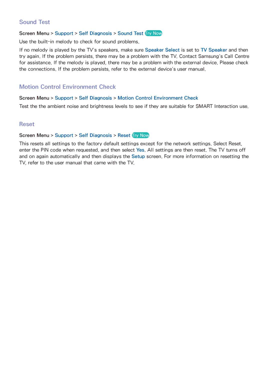Samsung UA65F6400ARXSK, UA40F6800ARXZN, UA40F6800ARXSK, UA40F5500ARXSK Sound Test, Motion Control Environment Check, Reset 