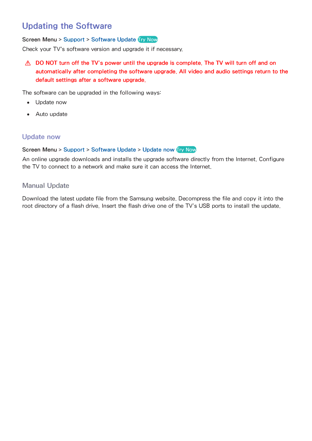 Samsung UA46F6400ARXZN, UA40F6800ARXZN manual Updating the Software, Update now, Screen Menu Support Software Update Try Now 