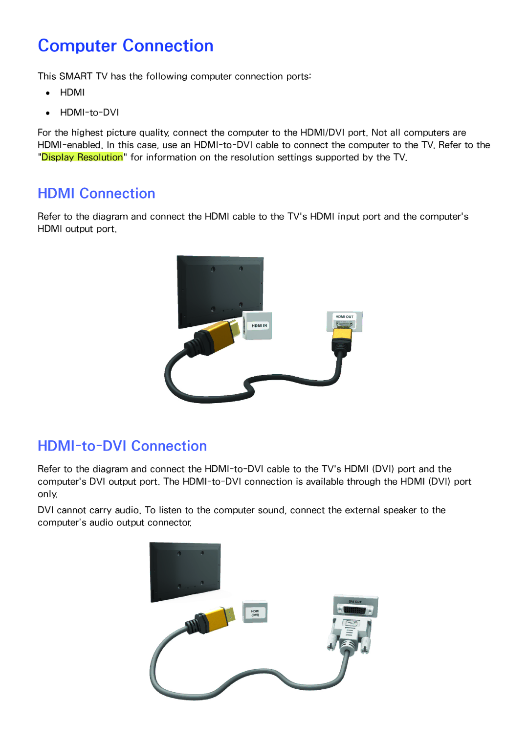 Samsung UA40F5500ARXUM, UA40F6800ARXZN, UA40F6800ARXSK, UA40F5500ARXSK manual Computer Connection, HDMI-to-DVI Connection 