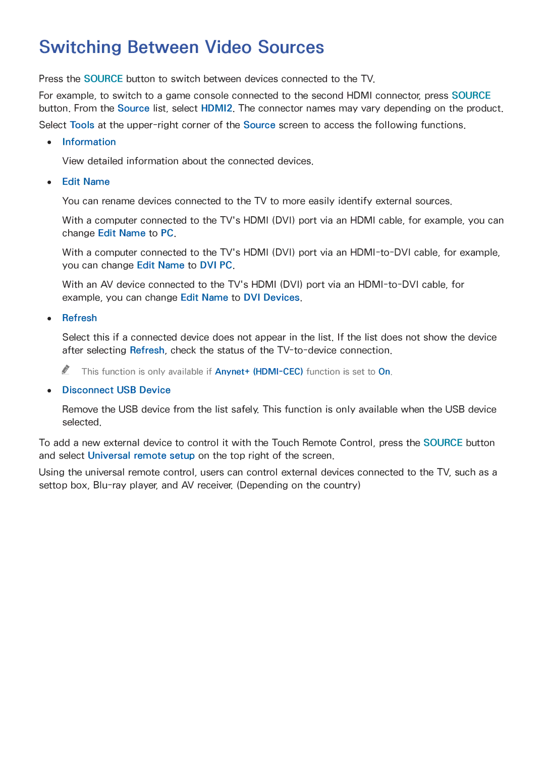 Samsung UA40F6800ARXUM manual Switching Between Video Sources, Information, Edit Name, Refresh, Disconnect USB Device 