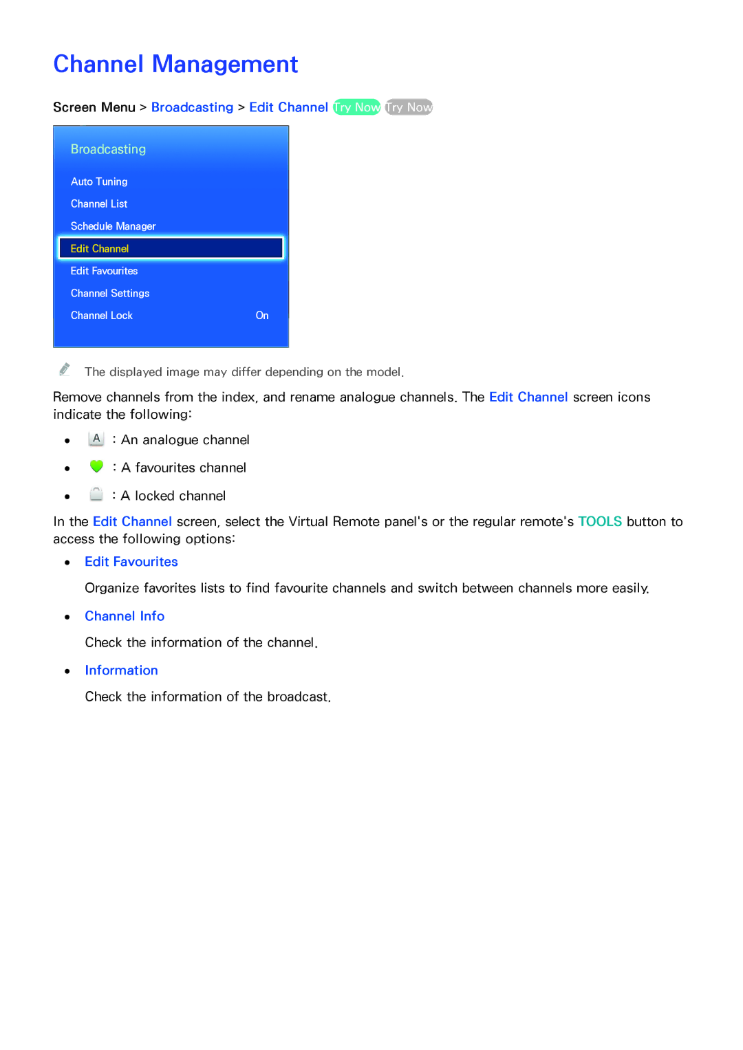 Samsung UA65F6400ARXMM manual Channel Management, Screen Menu Broadcasting Edit Channel Try Now Try Now, Edit Favourites 