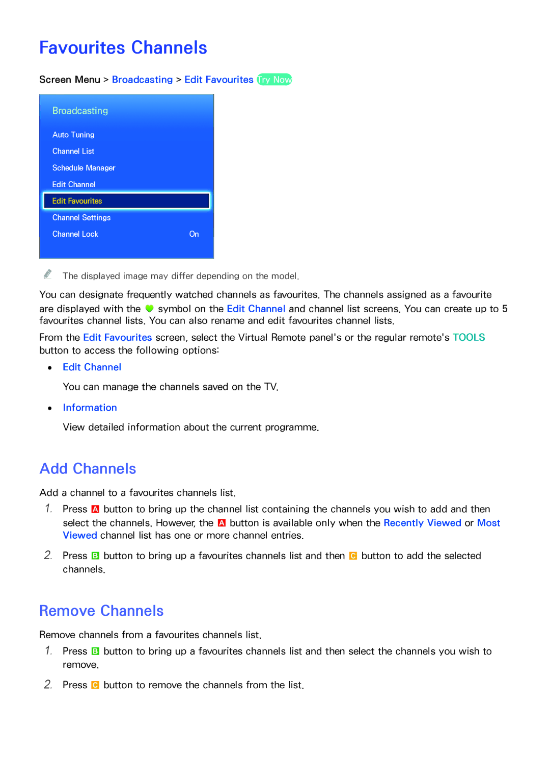 Samsung UA46F5300ARXUM Favourites Channels, Add Channels, Screen Menu Broadcasting Edit Favourites Try Now, Edit Channel 