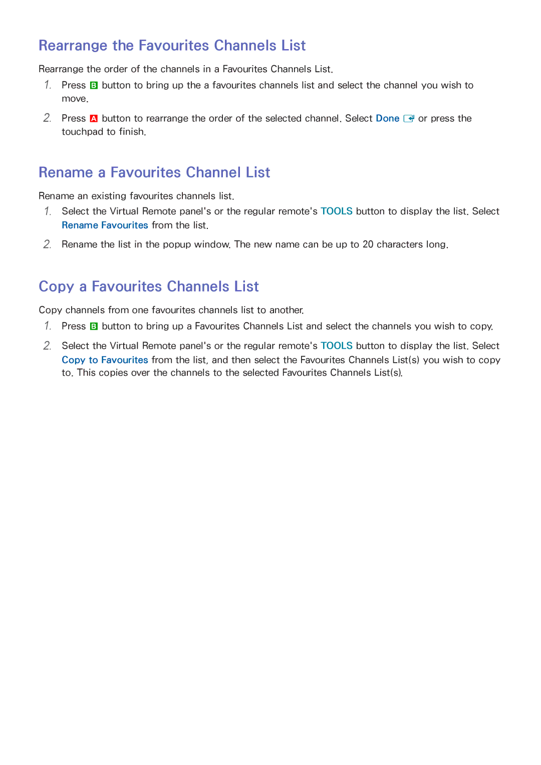 Samsung UA55F6400ARXUM, UA40F6800ARXZN manual Rearrange the Favourites Channels List, Rename a Favourites Channel List 