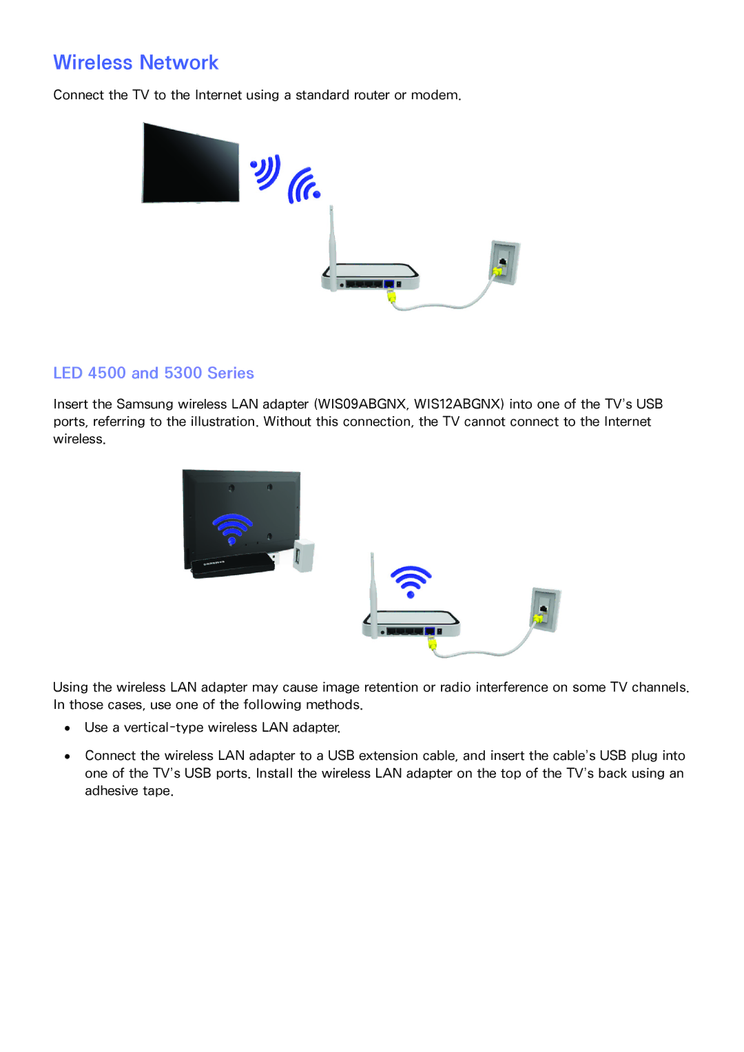 Samsung UA40F6400ARXUM, UA40F6800ARXZN, UA40F6800ARXSK, UA40F5500ARXSK manual Wireless Network, LED 4500 and 5300 Series 