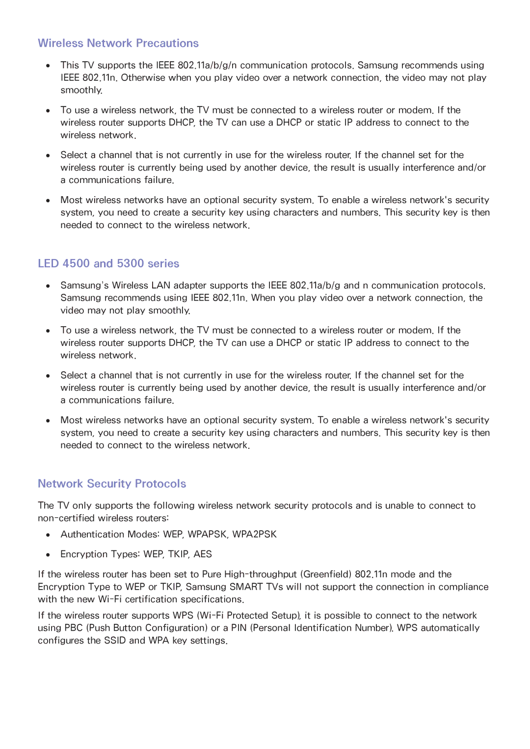 Samsung UA55F6400ARXMM, UA40F6800ARXZN, UA40F6800ARXSK manual Wireless Network Precautions, Network Security Protocols 