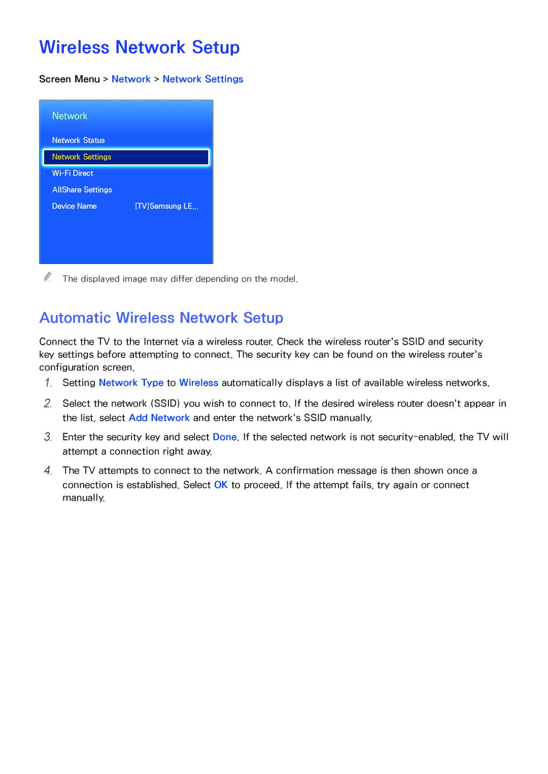 Samsung UA60H6300ARXSK, UA40F6800ARXZN manual Automatic Wireless Network Setup, Screen Menu Network Network Settings 