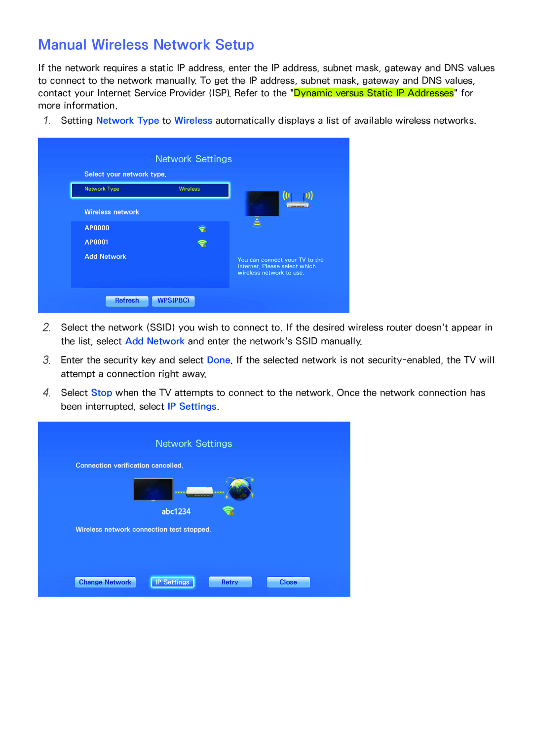 Samsung UA60H6300ARXUM, UA40F6800ARXZN manual Manual Wireless Network Setup, Wireless network AP0000 AP0001 Add Network 