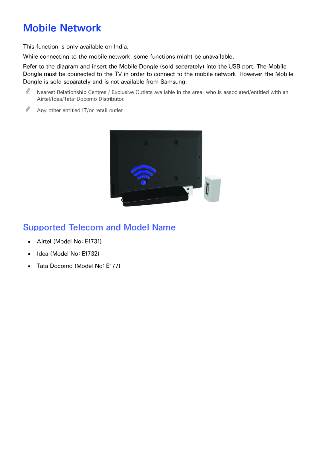 Samsung UA60H6300ARXMZ, UA40F6800ARXZN, UA40F6800ARXSK, UA40F5500ARXSK manual Mobile Network, Supported Telecom and Model Name 
