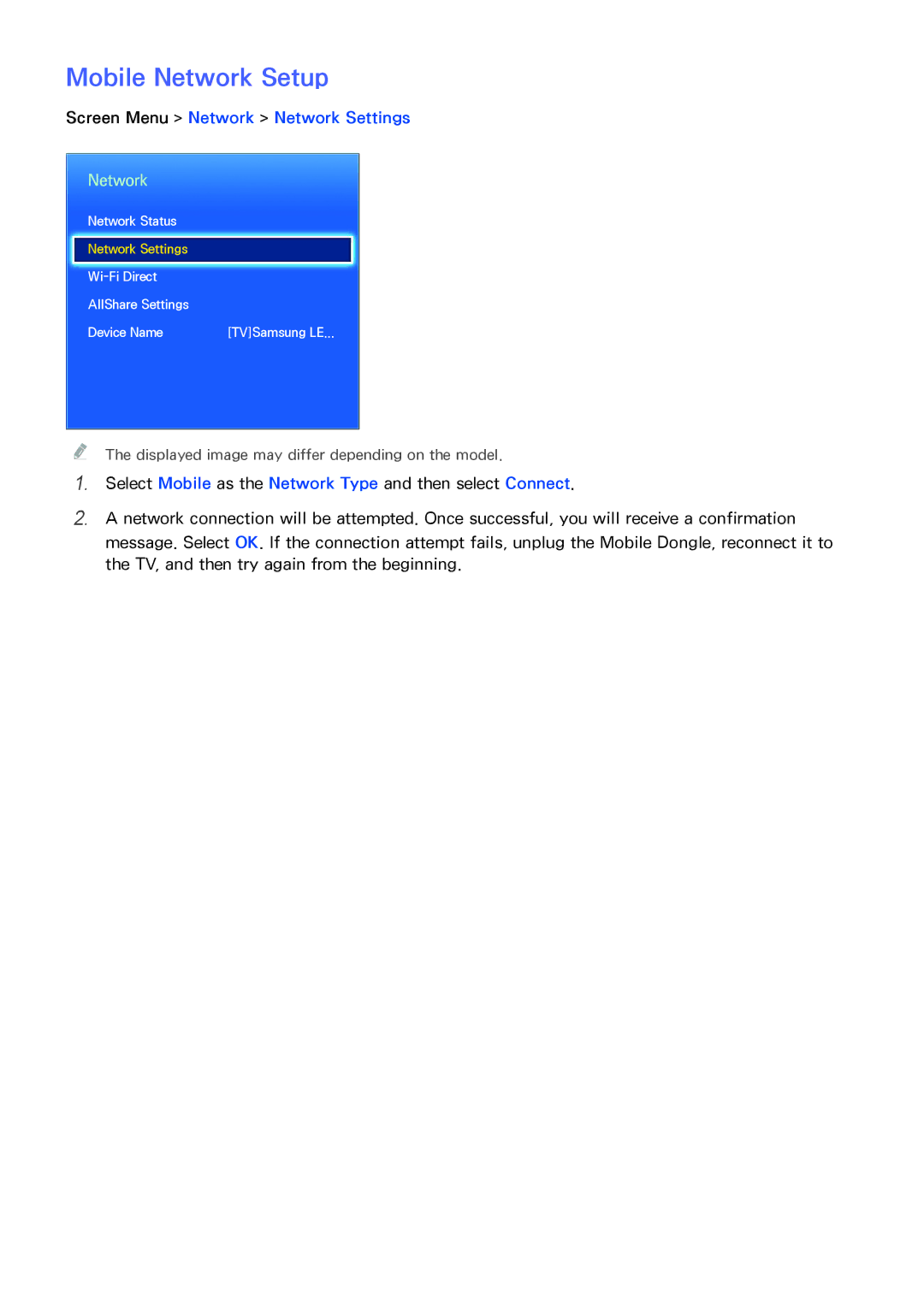 Samsung UA50F6800ARXZN, UA40F6800ARXZN, UA40F6800ARXSK manual Mobile Network Setup, Screen Menu Network Network Settings 