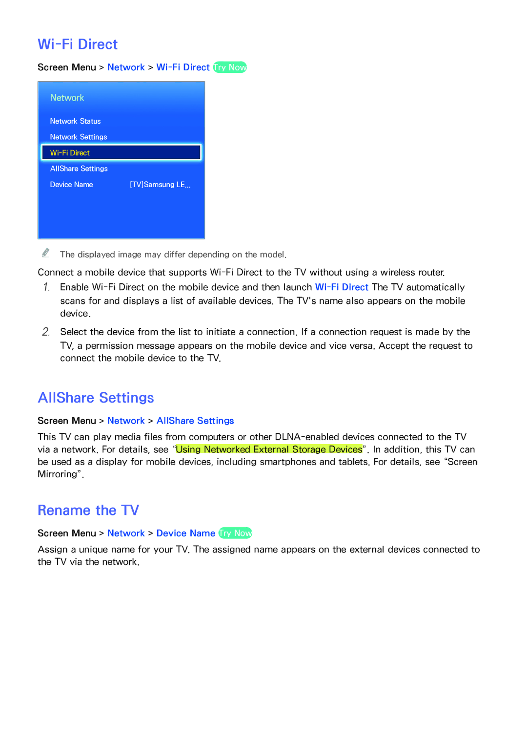 Samsung UA75F6400ARXUM, UA40F6800ARXZN, UA40F6800ARXSK, UA40F5500ARXSK manual Wi-Fi Direct, AllShare Settings, Rename the TV 