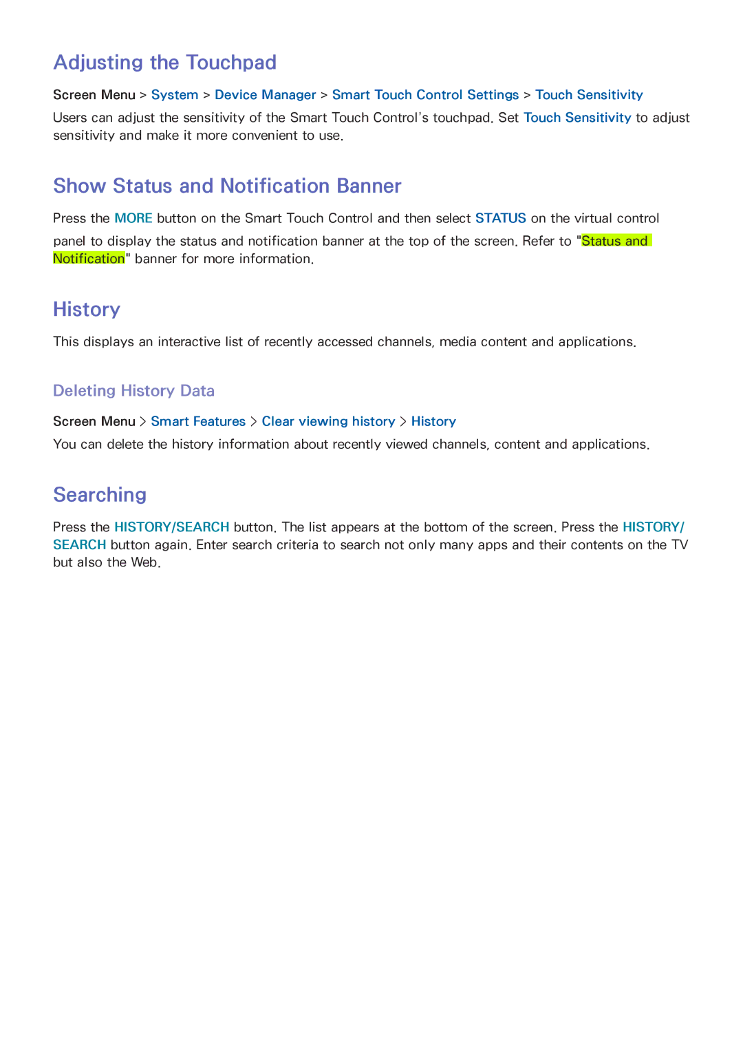 Samsung UA60F6400ARXXV, UA40F6800ARXZN Adjusting the Touchpad, Show Status and Notification Banner, History, Searching 