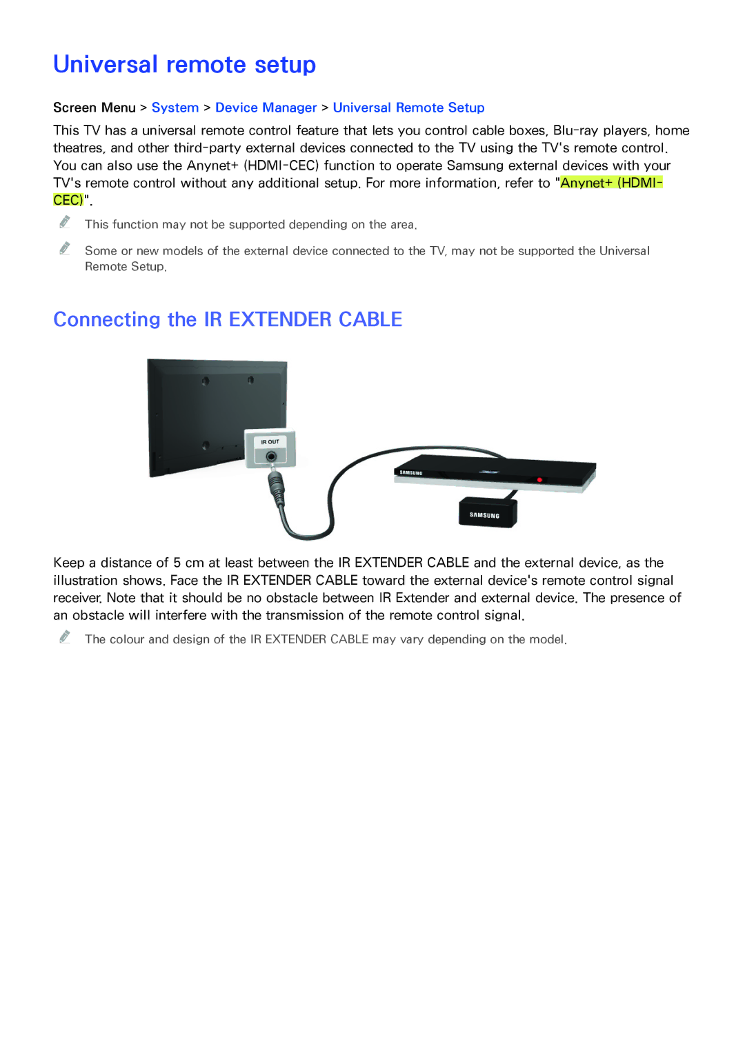 Samsung UA40F5501ARXXV, UA40F6800ARXZN, UA40F6800ARXSK manual Universal remote setup, Connecting the IR Extender Cable 