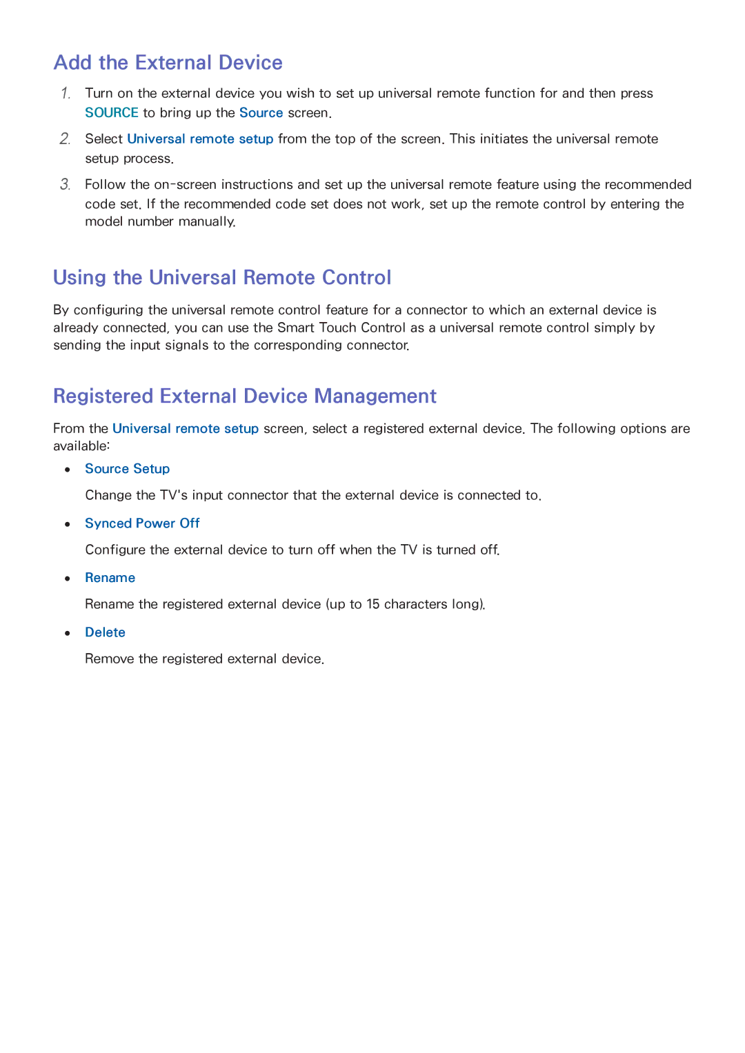 Samsung UA55F6300ARXXV Add the External Device, Using the Universal Remote Control, Registered External Device Management 