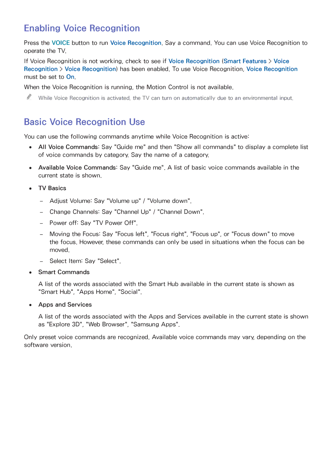 Samsung UA32F6400ARXXV, UA40F6800ARXZN Enabling Voice Recognition, Basic Voice Recognition Use, TV Basics, Smart Commands 