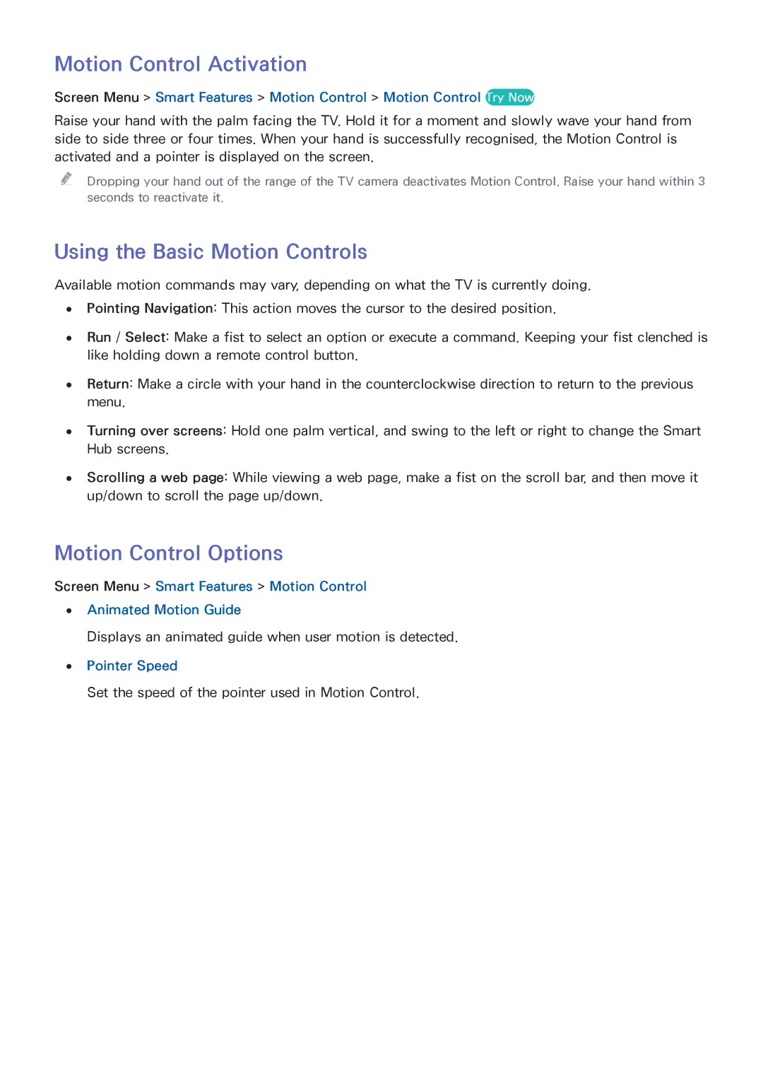 Samsung UA46F5501ARXXV Motion Control Activation, Using the Basic Motion Controls, Motion Control Options, Pointer Speed 