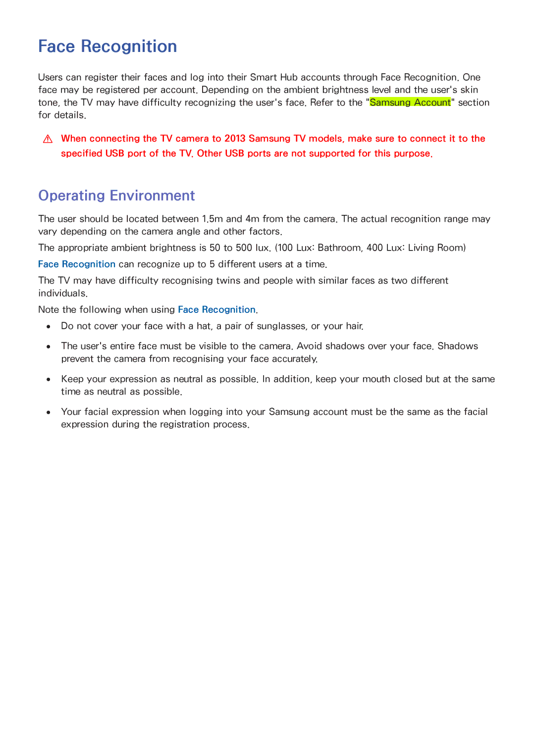 Samsung UA40F6800ARXSK, UA40F6800ARXZN, UA40F5500ARXSK, UA50F5500ARXSK manual Face Recognition, Operating Environment 