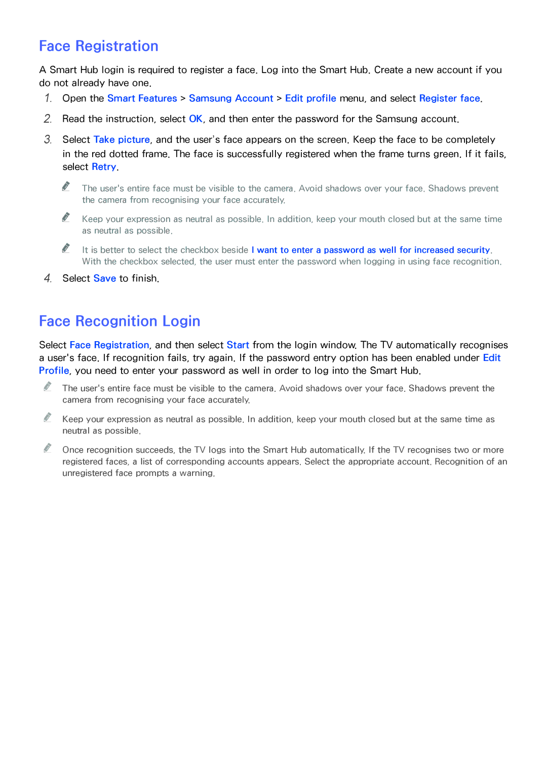 Samsung UA40F5500ARXSK, UA40F6800ARXZN, UA40F6800ARXSK, UA50F5500ARXSK manual Face Registration, Face Recognition Login 