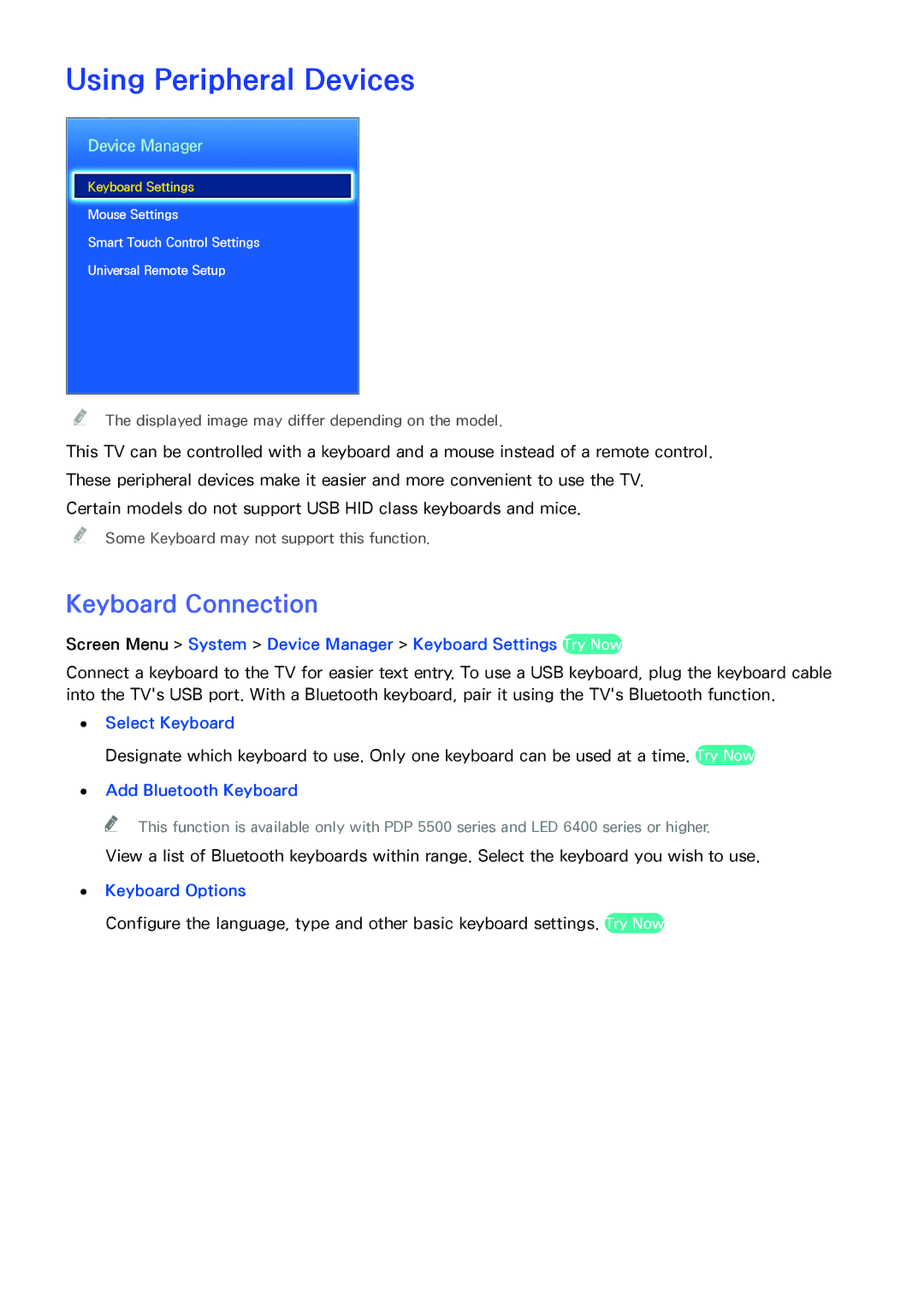 Samsung UA50F5500ARXSK, UA40F6800ARXZN, UA40F6800ARXSK, UA40F5500ARXSK manual Using Peripheral Devices, Keyboard Connection 