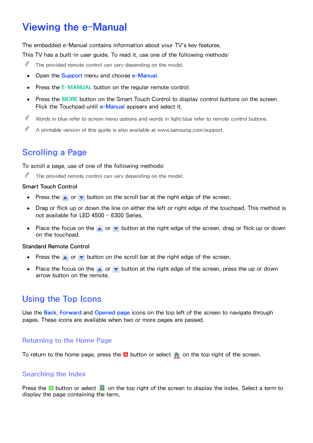 Samsung UA75F6400ARXSK Viewing the e-Manual, Scrolling a, Using the Top Icons, Returning to the Home, Searching the Index 