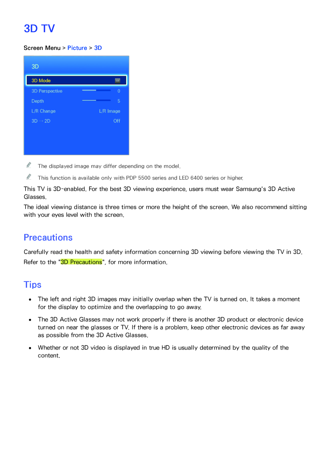 Samsung UA50F5500ARXZN, UA40F6800ARXZN, UA40F6800ARXSK, UA40F5500ARXSK, UA50F5500ARXSK manual Tips, Screen Menu Picture 3D 