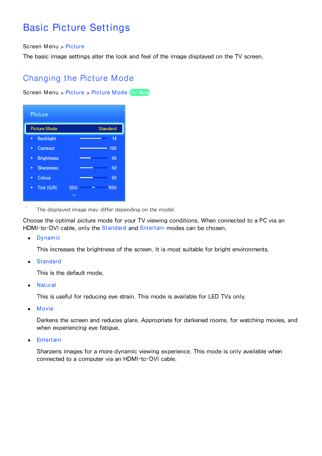 Samsung UA46F6400ARXSK, UA40F6800ARXZN, UA40F6800ARXSK, UA40F5500ARXSK Basic Picture Settings, Changing the Picture Mode 