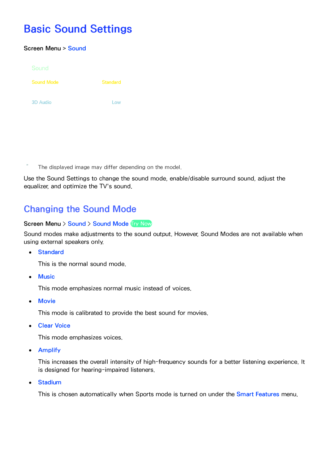Samsung UA55F6400ARXUM, UA40F6800ARXZN, UA40F6800ARXSK, UA40F5500ARXSK manual Basic Sound Settings, Changing the Sound Mode 
