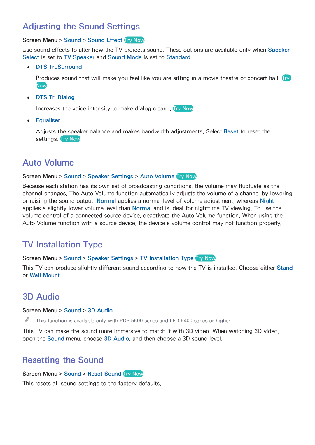 Samsung UA60F6400ARXUM Adjusting the Sound Settings, Auto Volume, TV Installation Type, 3D Audio, Resetting the Sound 