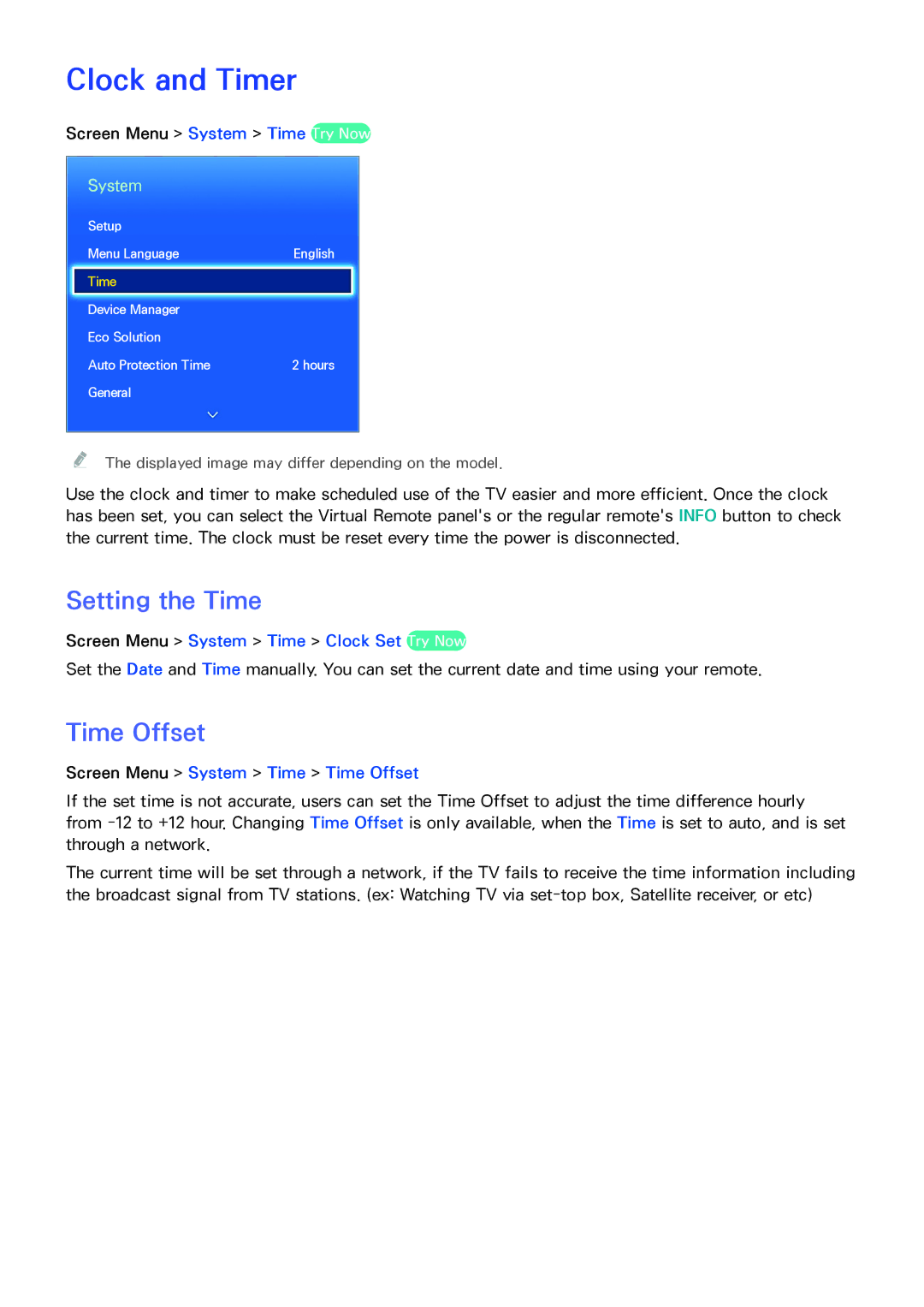 Samsung UA60H6300ARXEG manual Clock and Timer, Setting the Time, Time Offset, Screen Menu System Time Clock Set Try Now 