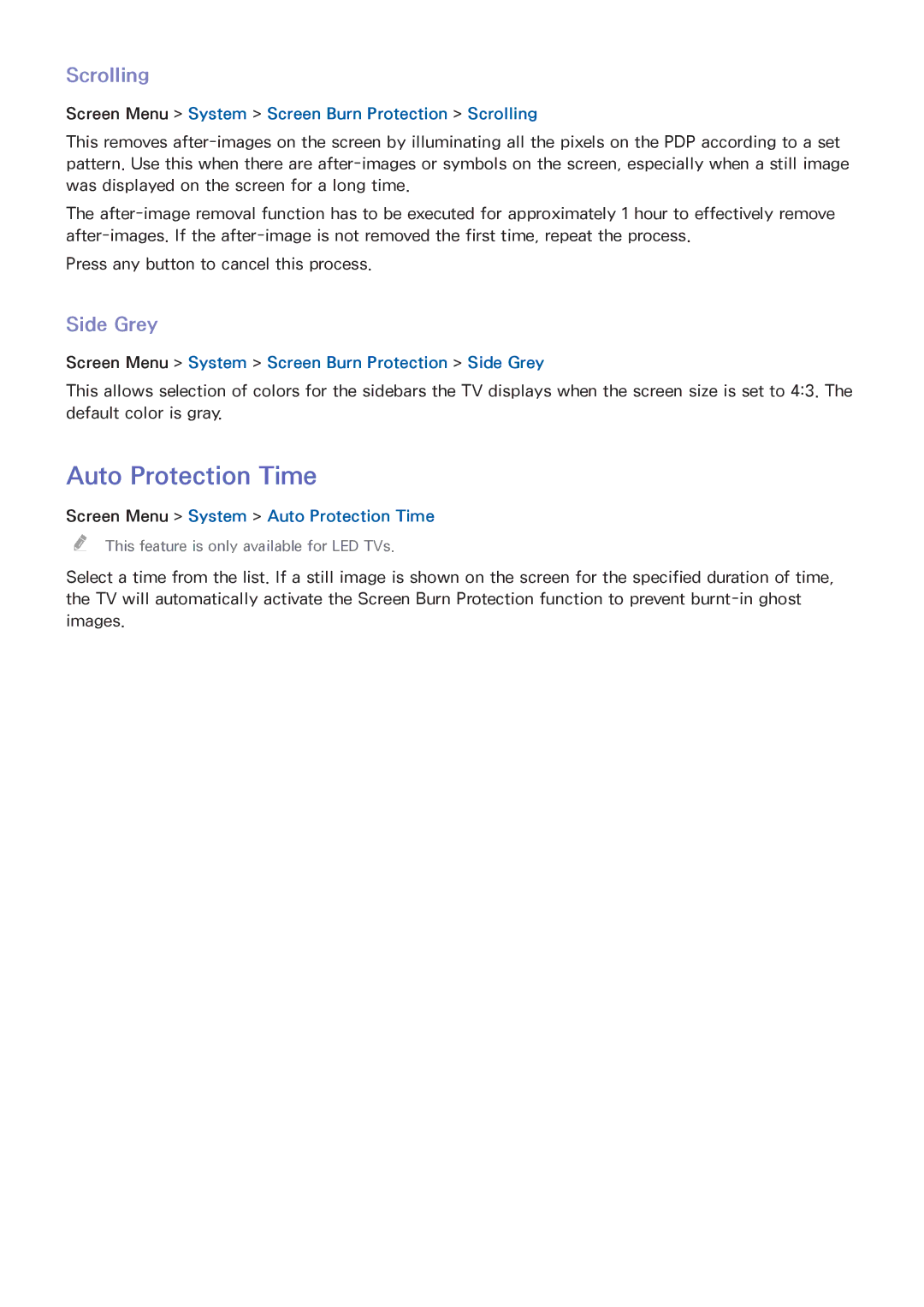 Samsung UA60H6300ARXUM, UA40F6800ARXZN, UA40F6800ARXSK, UA40F5500ARXSK manual Auto Protection Time, Scrolling, Side Grey 