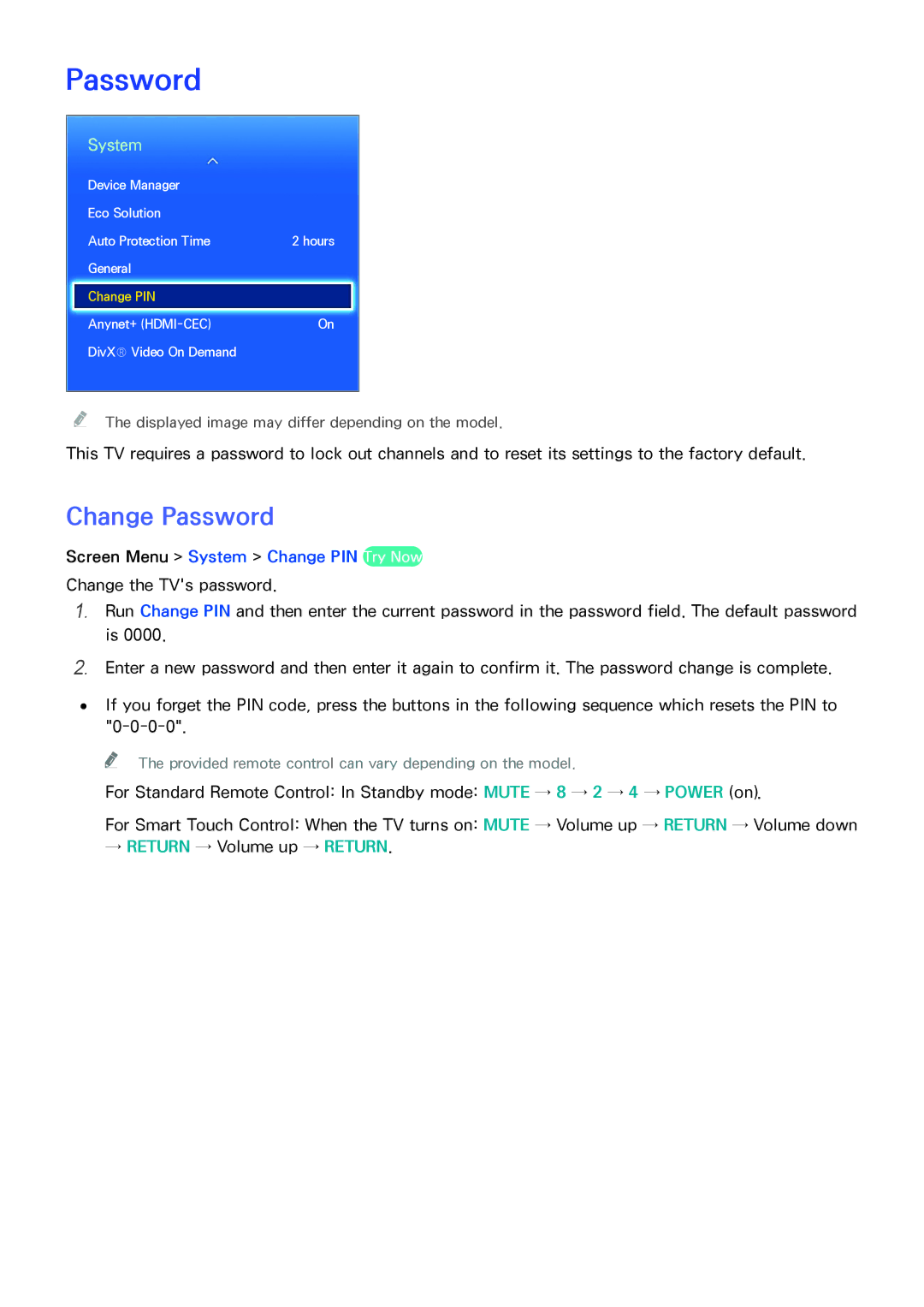 Samsung UA46F6800ARXUM, UA40F6800ARXZN, UA40F6800ARXSK manual Change Password, Screen Menu System Change PIN Try Now 