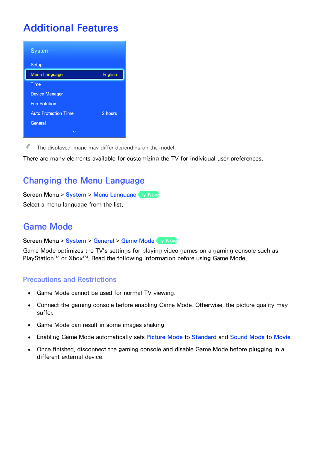 Samsung UA46F6800ARXZN manual Additional Features, Changing the Menu Language, Game Mode, Precautions and Restrictions 