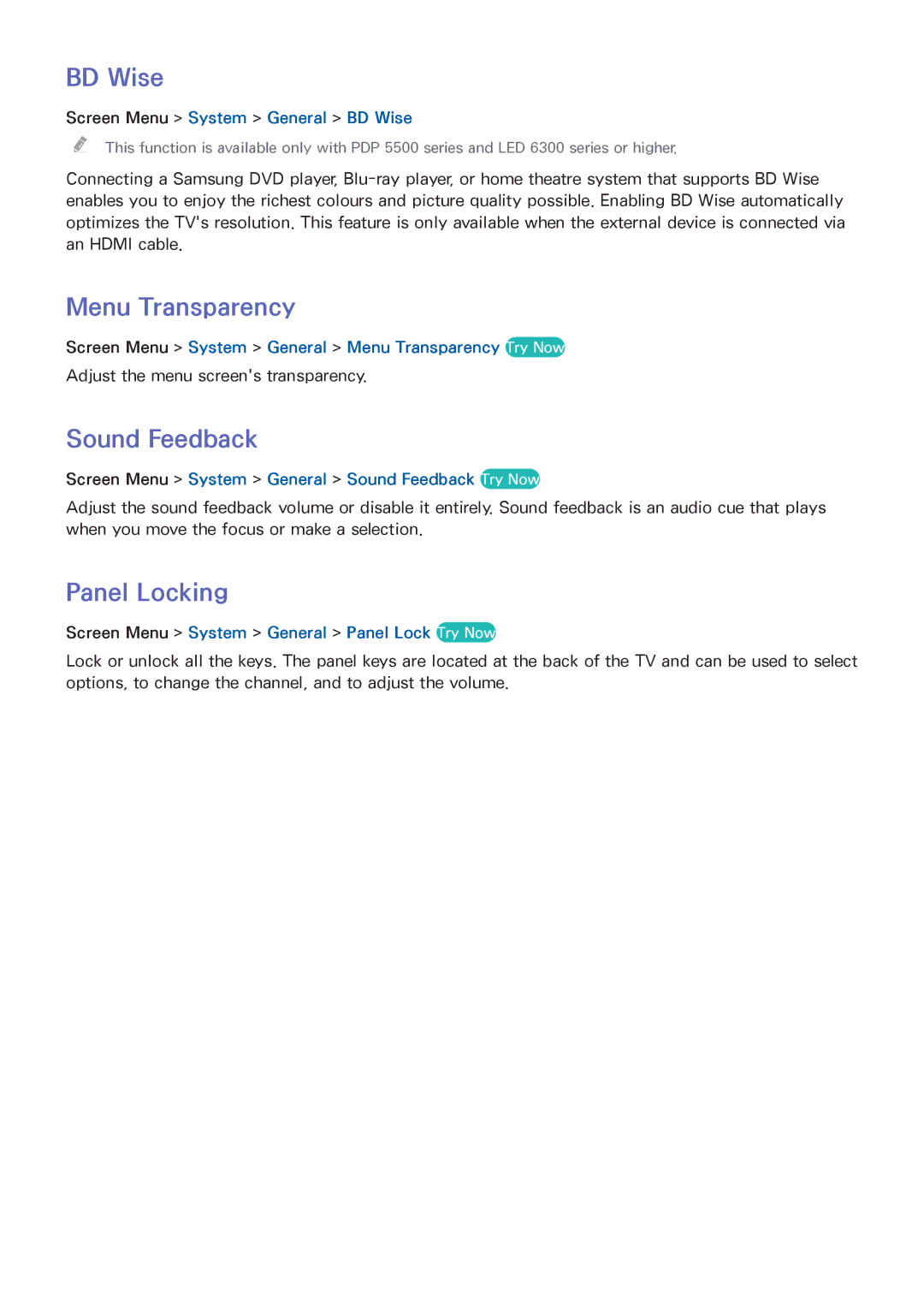 Samsung UA40F5300ARXUM, UA40F6800ARXZN, UA40F6800ARXSK manual BD Wise, Menu Transparency, Sound Feedback, Panel Locking 