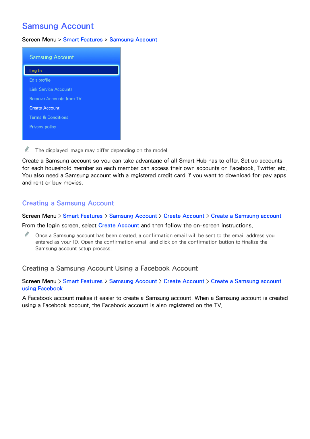 Samsung UA65F6400ARXUM, UA40F6800ARXZN manual Creating a Samsung Account, Screen Menu Smart Features Samsung Account 