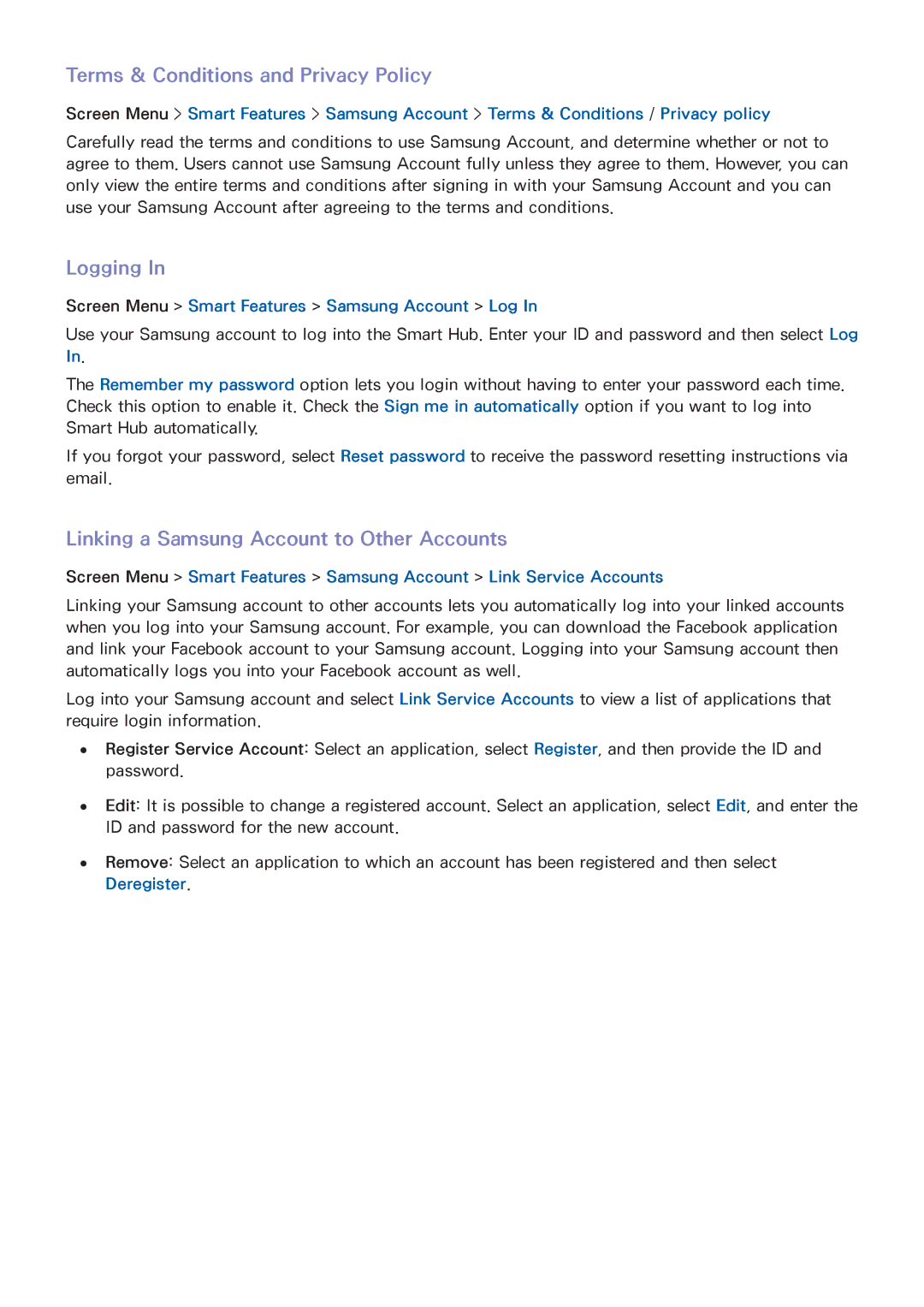 Samsung UA75F6400ARXUM manual Terms & Conditions and Privacy Policy, Logging, Linking a Samsung Account to Other Accounts 