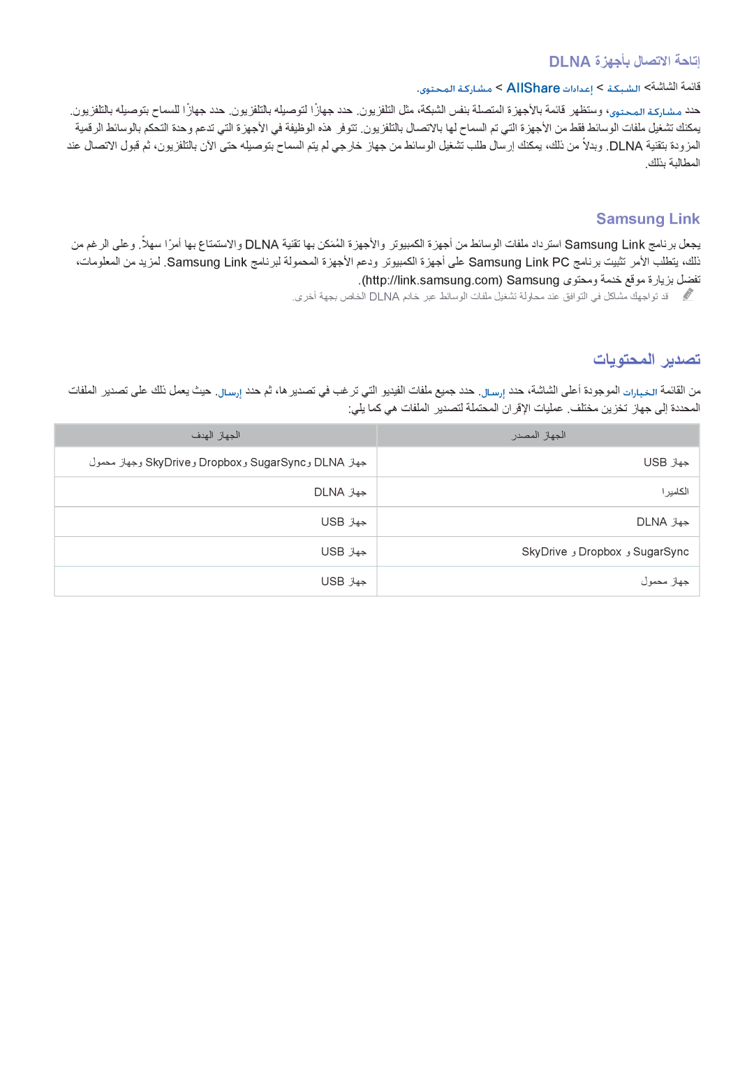 Samsung UA46F7500BRXUM, UA40F7500BRXUM, UA55F8000ARXUM manual تايوتحملا ريدصت, Dlna ةزهجأب لاصتلاا ةحاتإ, Samsung Link‎ 